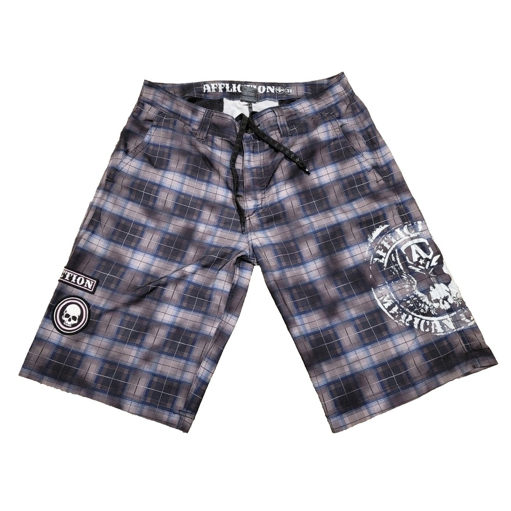 Affliction American Customs Board Shorts Mens sz 31 Skull Gray Black Blue Stripe